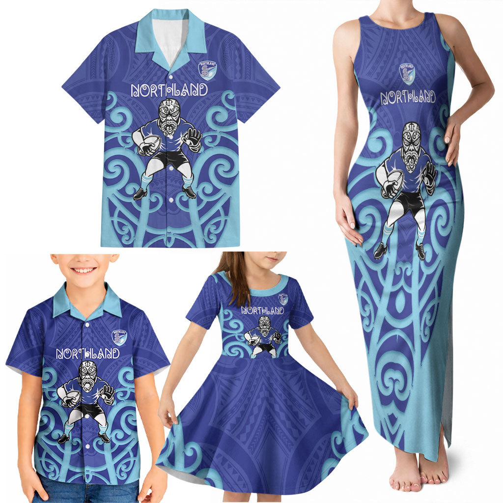 Northland Custom Rugby New Zealand Family Matching Tank Maxi Dress and Hawaiian Shirt Aotearoa Maori Pukana Tiki Mascot