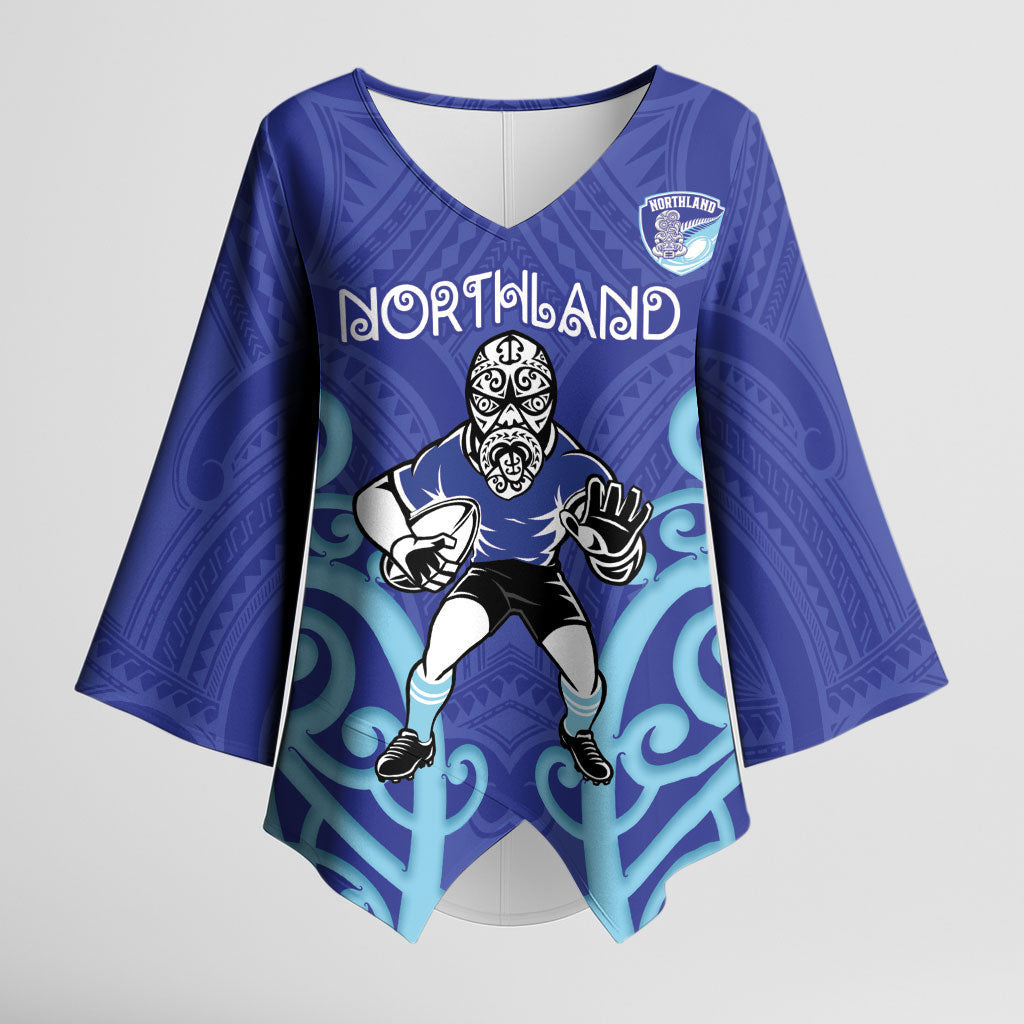 Northland Custom Rugby New Zealand Kimono Sleeve Blouse Aotearoa Maori Pukana Tiki Mascot