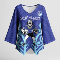 Northland Custom Rugby New Zealand Kimono Sleeve Blouse Aotearoa Maori Pukana Tiki Mascot