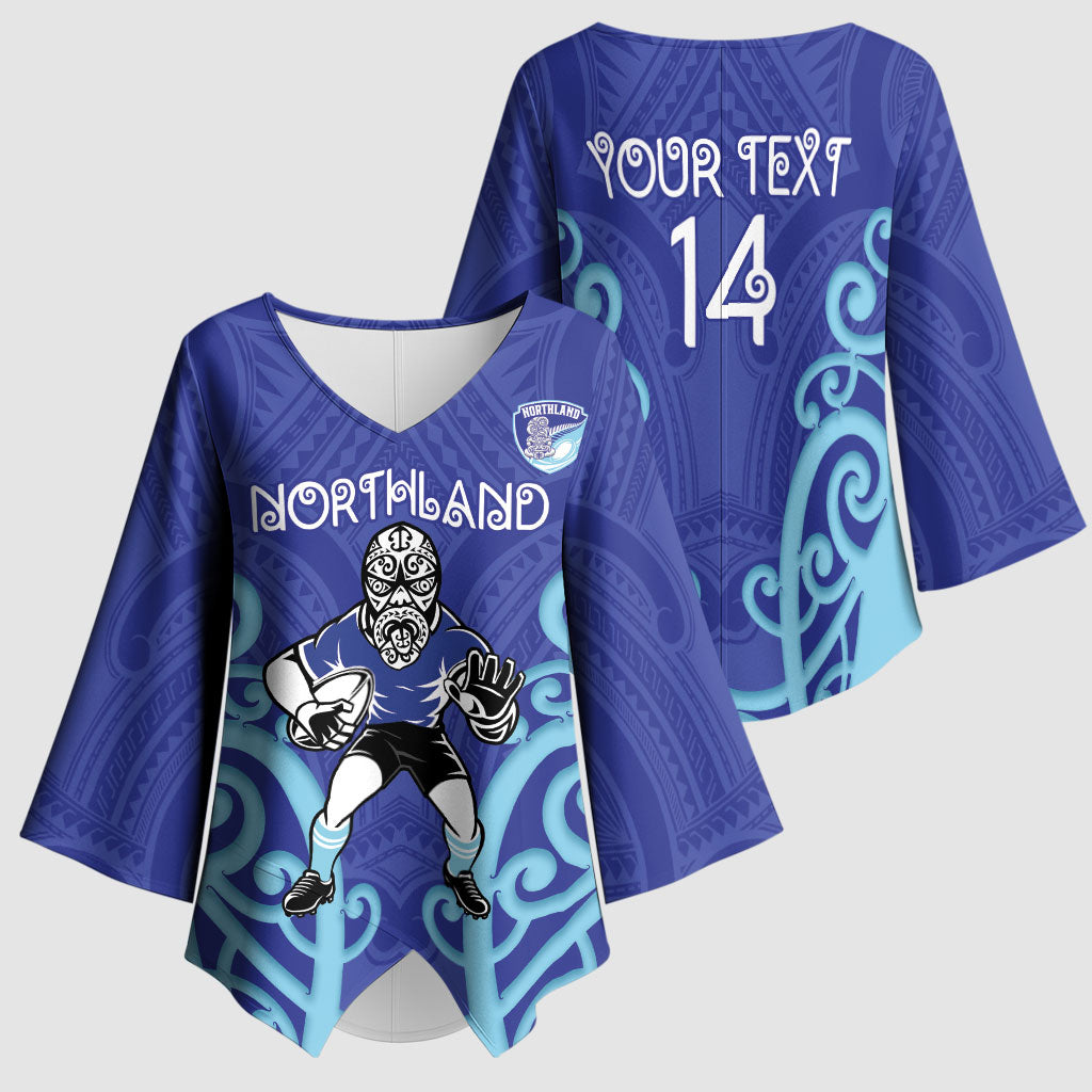 Northland Custom Rugby New Zealand Kimono Sleeve Blouse Aotearoa Maori Pukana Tiki Mascot