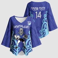 Northland Custom Rugby New Zealand Kimono Sleeve Blouse Aotearoa Maori Pukana Tiki Mascot