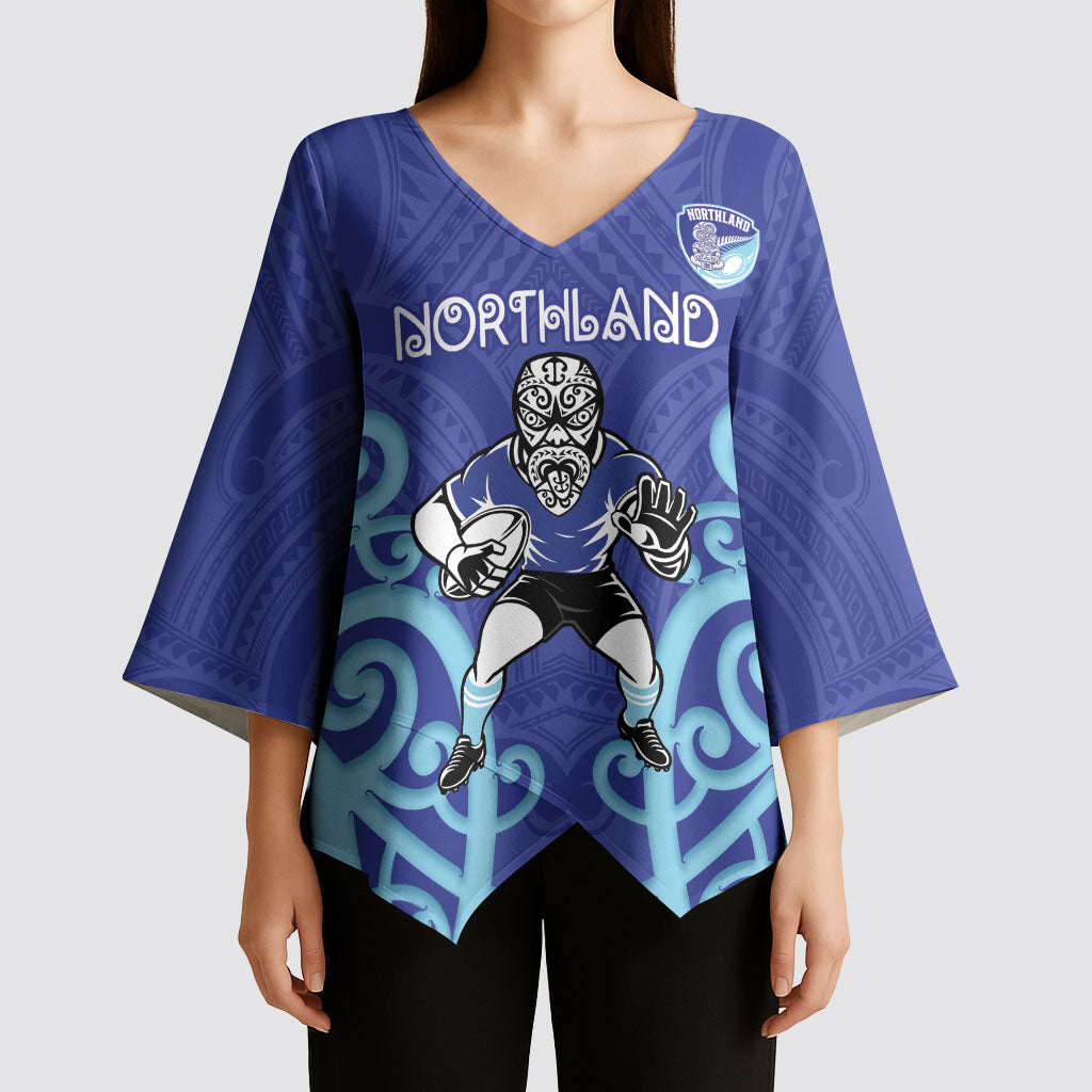 Northland Custom Rugby New Zealand Kimono Sleeve Blouse Aotearoa Maori Pukana Tiki Mascot