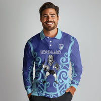 Northland Custom Rugby New Zealand Long Sleeve Polo Shirt Aotearoa Maori Pukana Tiki Mascot