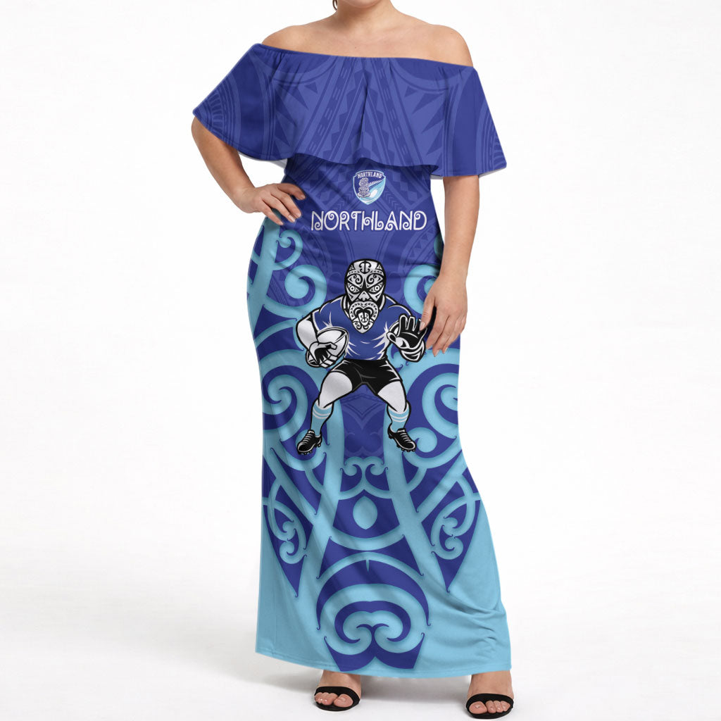 Northland Custom Rugby New Zealand Off Shoulder Maxi Dress Aotearoa Maori Pukana Tiki Mascot