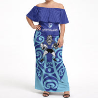 Northland Custom Rugby New Zealand Off Shoulder Maxi Dress Aotearoa Maori Pukana Tiki Mascot