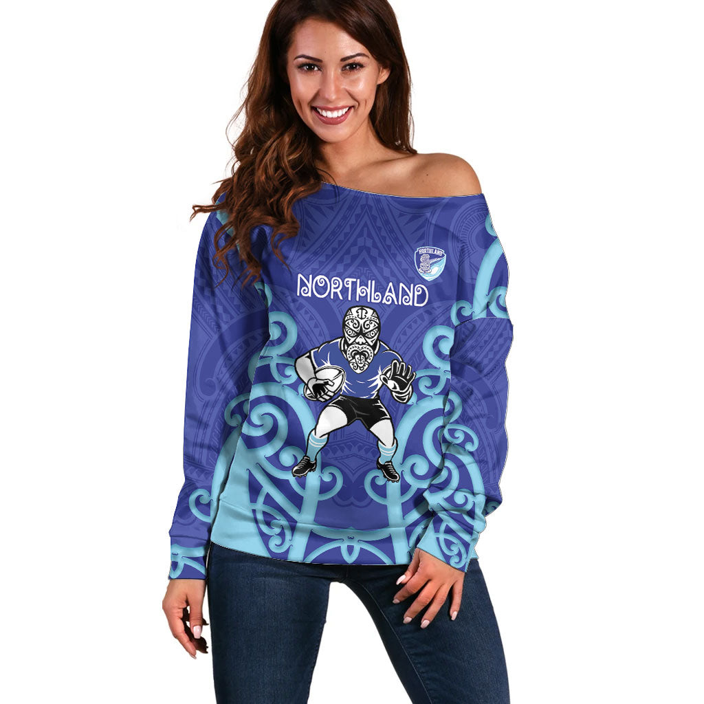 Northland Custom Rugby New Zealand Off Shoulder Sweater Aotearoa Maori Pukana Tiki Mascot