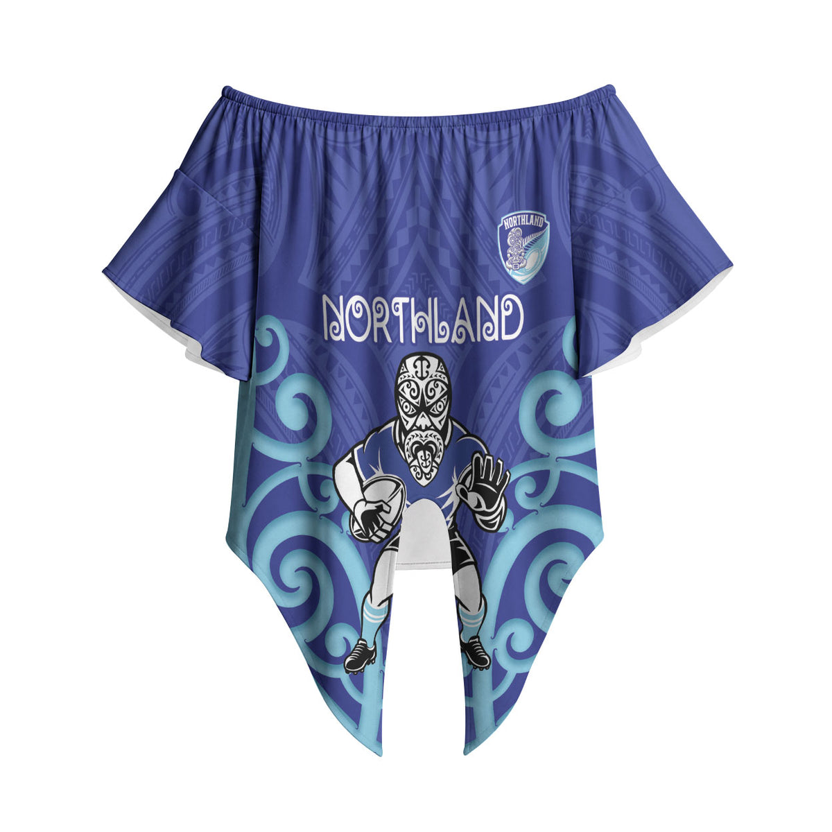 Northland Custom Rugby New Zealand Off Shoulder Wrap Waist Top Aotearoa Maori Pukana Tiki Mascot