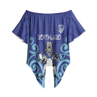 Northland Custom Rugby New Zealand Off Shoulder Wrap Waist Top Aotearoa Maori Pukana Tiki Mascot