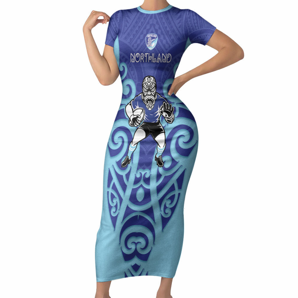 Northland Custom Rugby New Zealand Short Sleeve Bodycon Dress Aotearoa Maori Pukana Tiki Mascot