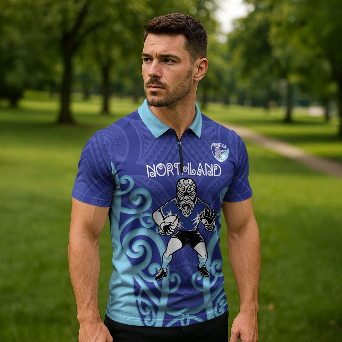 Northland Custom Rugby New Zealand Zipper Polo Shirt Aotearoa Maori Pukana Tiki Mascot