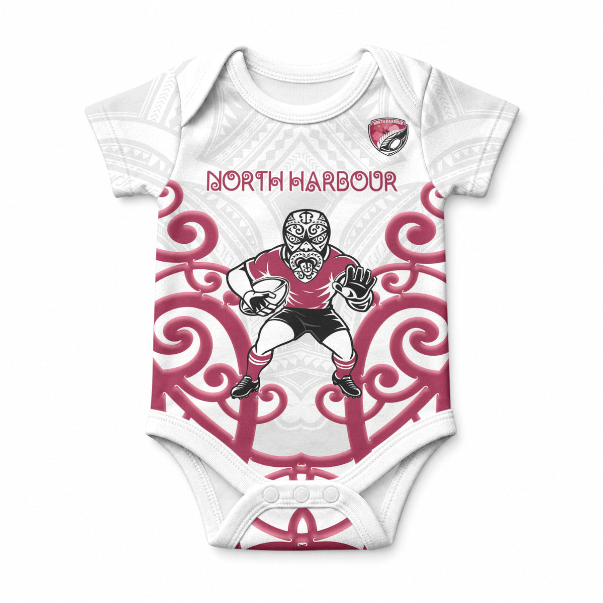 North Harbour Custom Rugby New Zealand Baby Onesie Aotearoa Maori Pukana Tiki Mascot