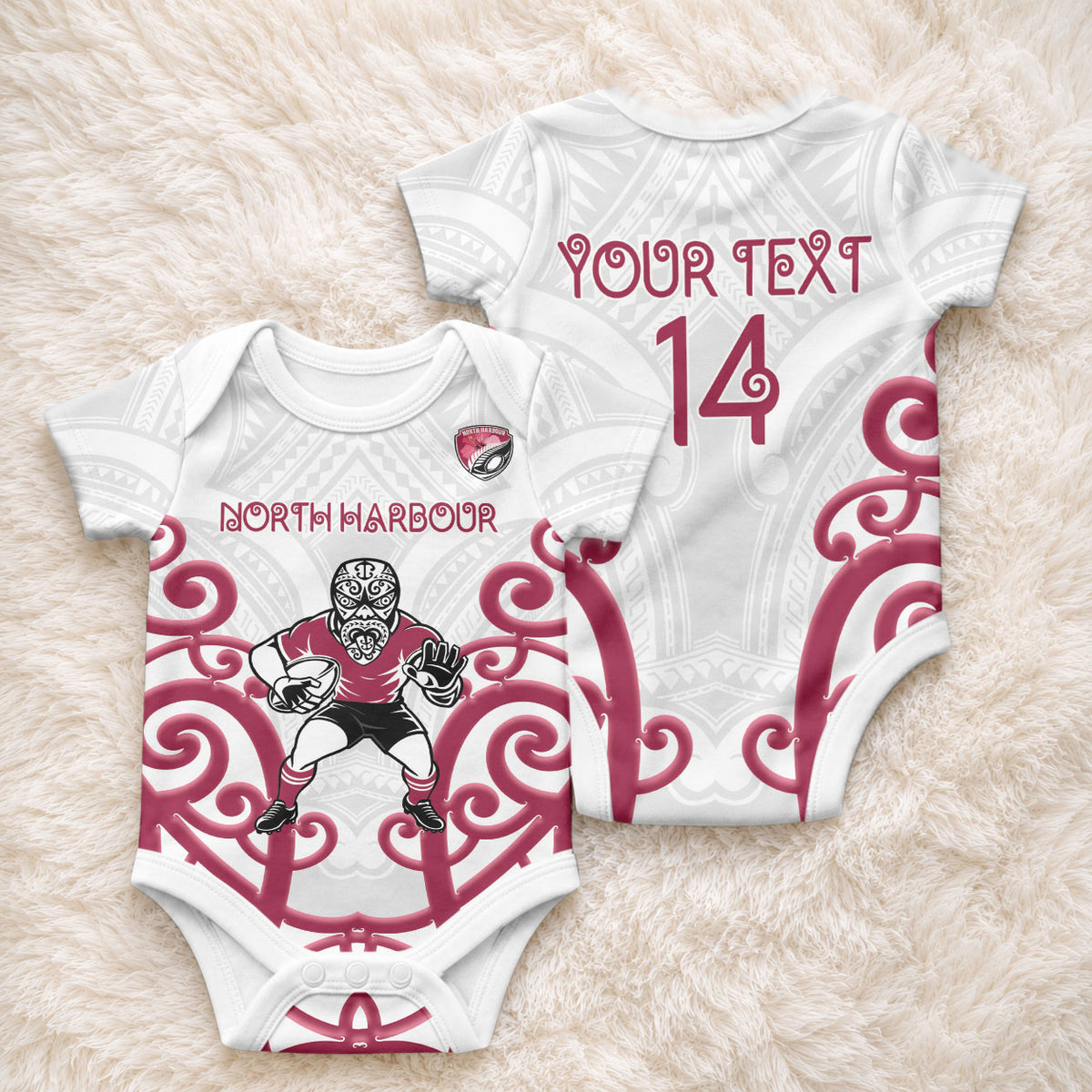 North Harbour Custom Rugby New Zealand Baby Onesie Aotearoa Maori Pukana Tiki Mascot