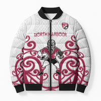 North Harbour Custom Rugby New Zealand Bomber Puffer Jacket Aotearoa Maori Pukana Tiki Mascot