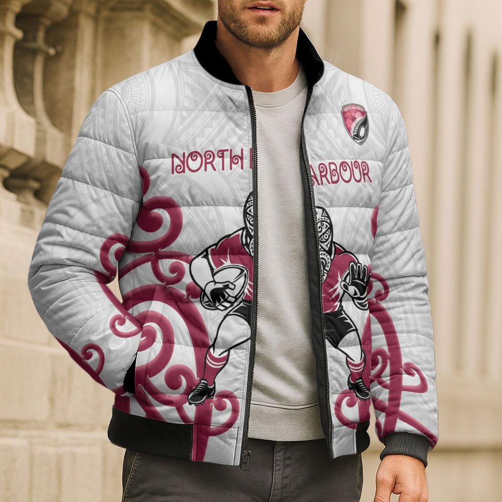 North Harbour Custom Rugby New Zealand Bomber Puffer Jacket Aotearoa Maori Pukana Tiki Mascot