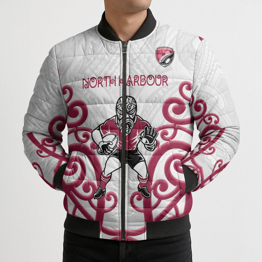 North Harbour Custom Rugby New Zealand Bomber Puffer Jacket Aotearoa Maori Pukana Tiki Mascot