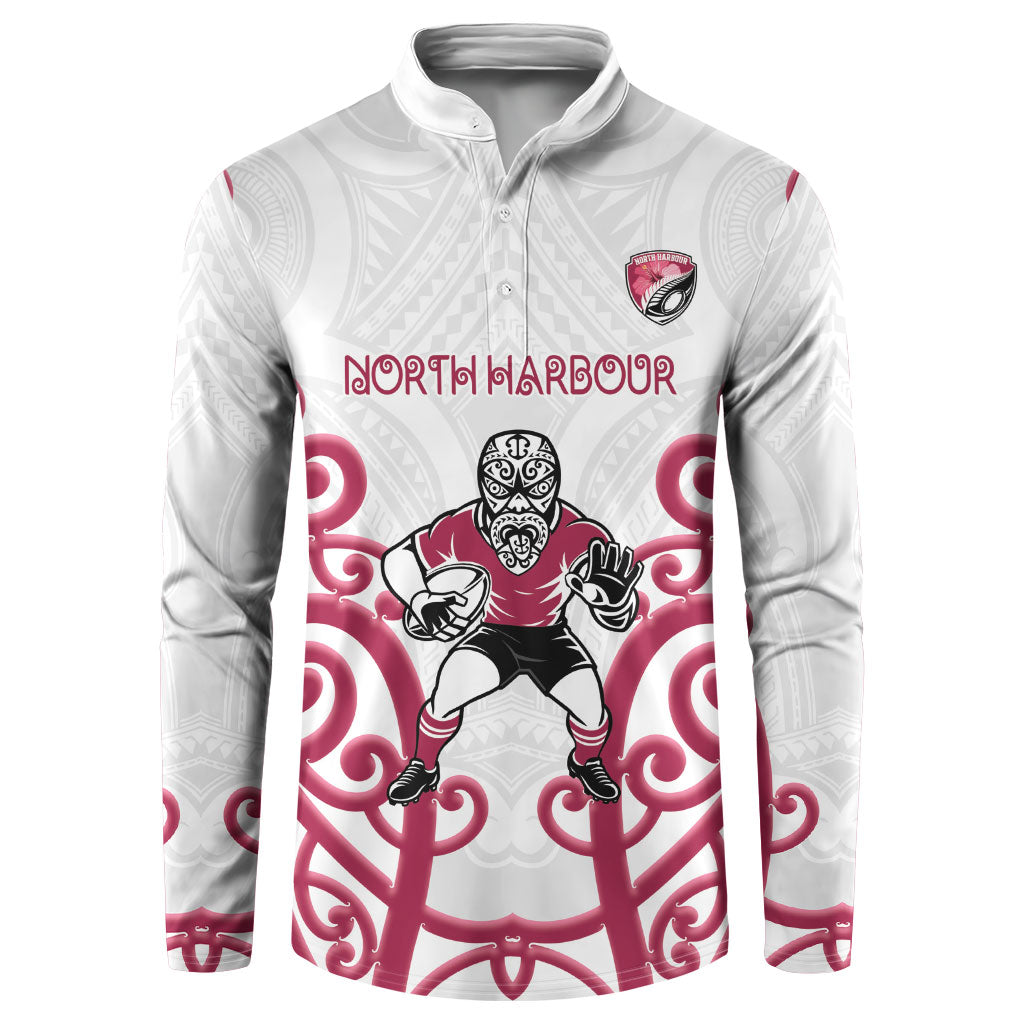 North Harbour Custom Rugby New Zealand Button Sweatshirt Aotearoa Maori Pukana Tiki Mascot