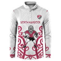 North Harbour Custom Rugby New Zealand Button Sweatshirt Aotearoa Maori Pukana Tiki Mascot