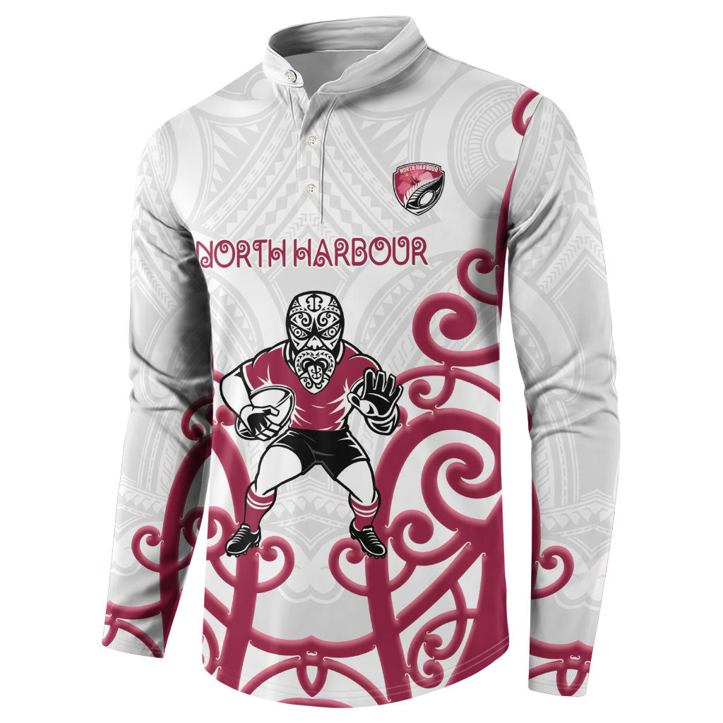 North Harbour Custom Rugby New Zealand Button Sweatshirt Aotearoa Maori Pukana Tiki Mascot