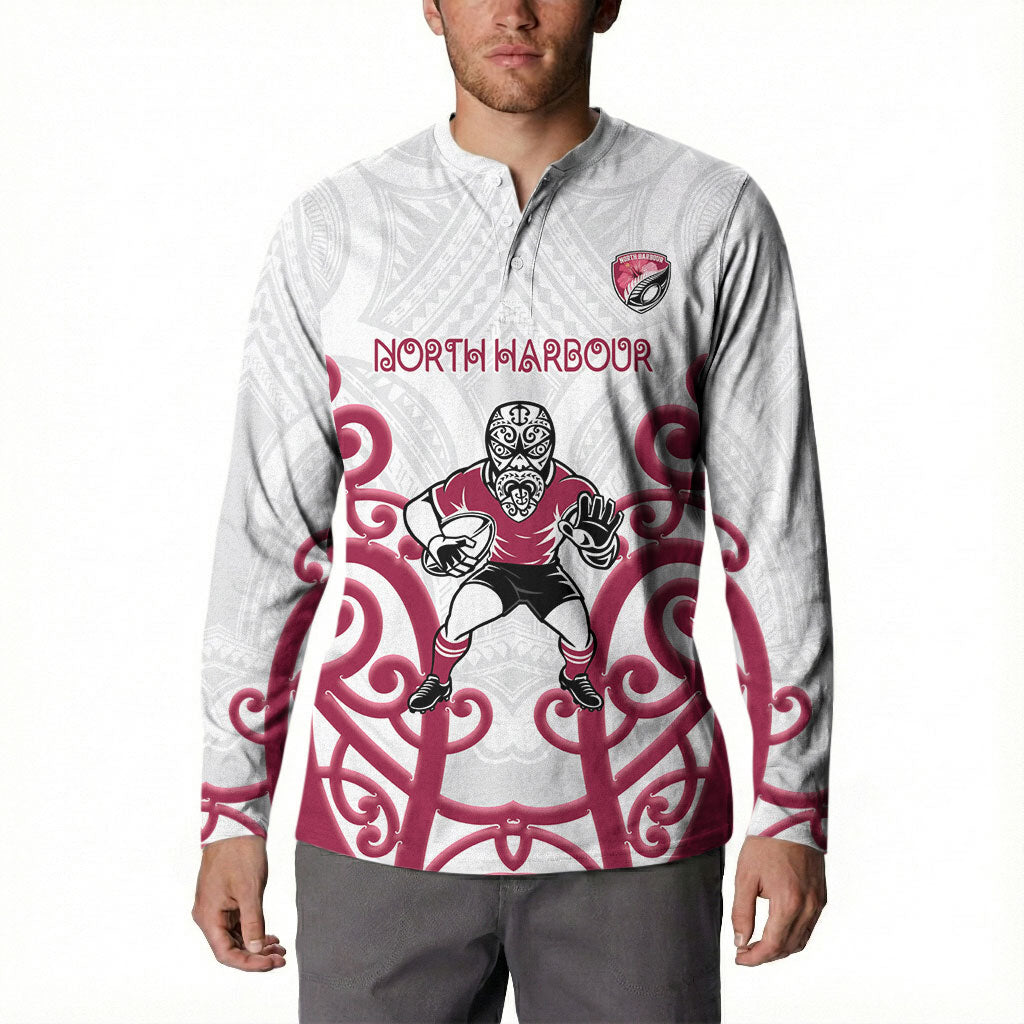 North Harbour Custom Rugby New Zealand Button Sweatshirt Aotearoa Maori Pukana Tiki Mascot