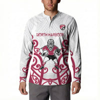 North Harbour Custom Rugby New Zealand Button Sweatshirt Aotearoa Maori Pukana Tiki Mascot