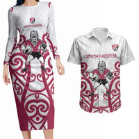 North Harbour Custom Rugby New Zealand Couples Matching Long Sleeve Bodycon Dress and Hawaiian Shirt Aotearoa Maori Pukana Tiki Mascot