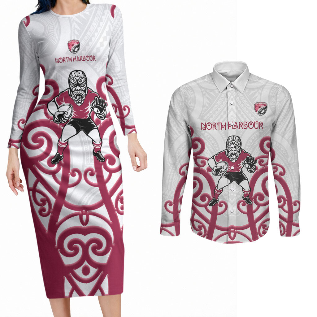 North Harbour Custom Rugby New Zealand Couples Matching Long Sleeve Bodycon Dress and Long Sleeve Button Shirt Aotearoa Maori Pukana Tiki Mascot