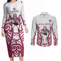 North Harbour Custom Rugby New Zealand Couples Matching Long Sleeve Bodycon Dress and Long Sleeve Button Shirt Aotearoa Maori Pukana Tiki Mascot