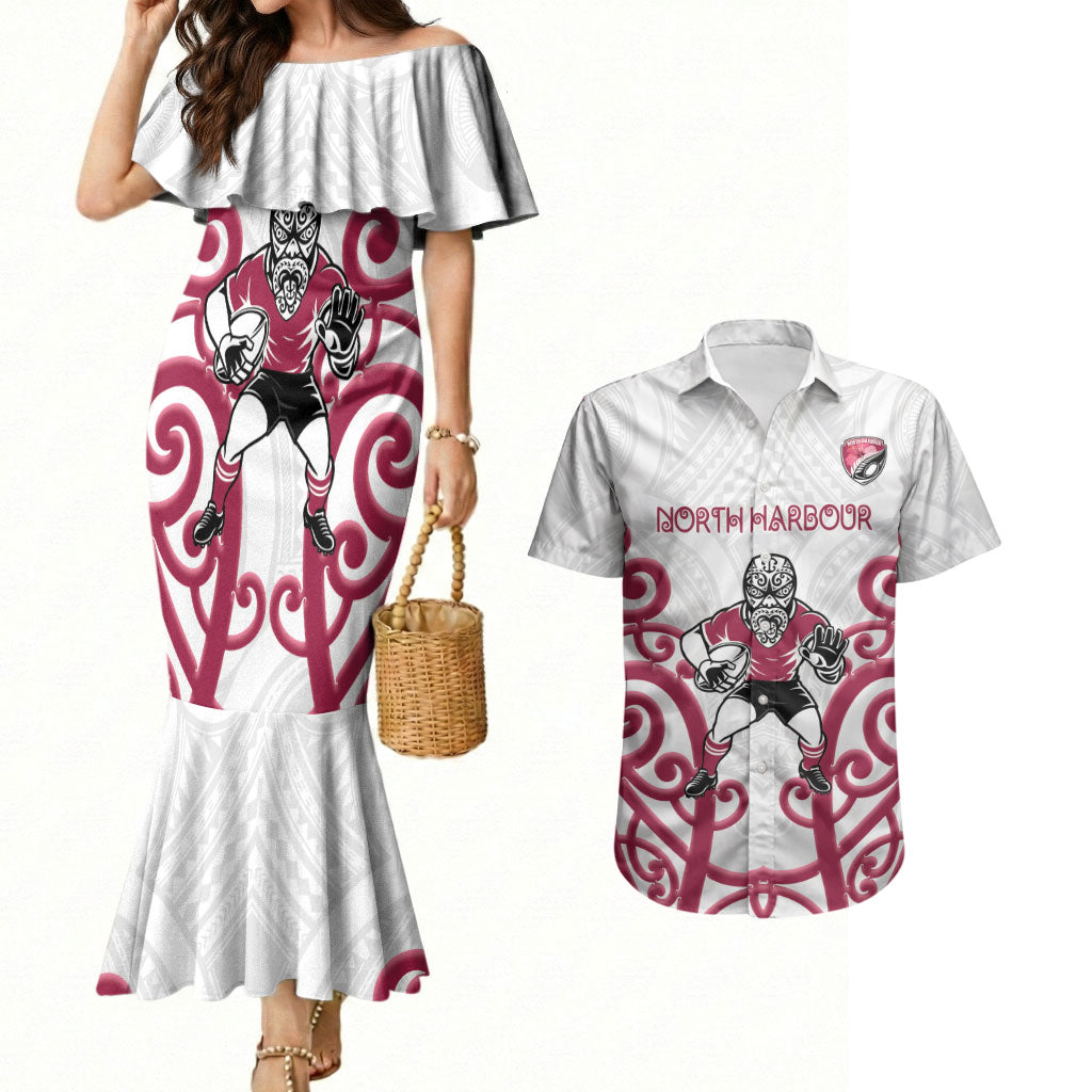 North Harbour Custom Rugby New Zealand Couples Matching Mermaid Dress and Hawaiian Shirt Aotearoa Maori Pukana Tiki Mascot