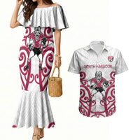 North Harbour Custom Rugby New Zealand Couples Matching Mermaid Dress and Hawaiian Shirt Aotearoa Maori Pukana Tiki Mascot
