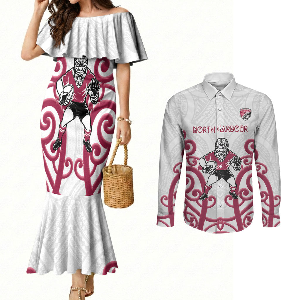 North Harbour Custom Rugby New Zealand Couples Matching Mermaid Dress and Long Sleeve Button Shirt Aotearoa Maori Pukana Tiki Mascot