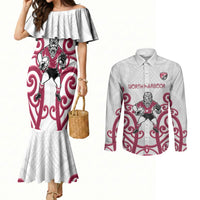 North Harbour Custom Rugby New Zealand Couples Matching Mermaid Dress and Long Sleeve Button Shirt Aotearoa Maori Pukana Tiki Mascot