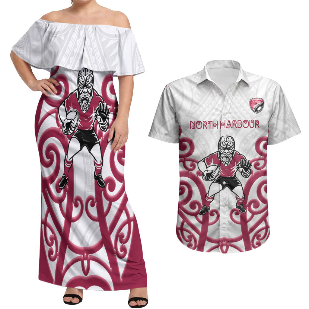 North Harbour Custom Rugby New Zealand Couples Matching Off Shoulder Maxi Dress and Hawaiian Shirt Aotearoa Maori Pukana Tiki Mascot