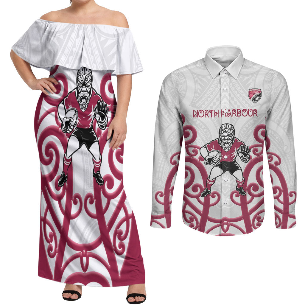 North Harbour Custom Rugby New Zealand Couples Matching Off Shoulder Maxi Dress and Long Sleeve Button Shirt Aotearoa Maori Pukana Tiki Mascot
