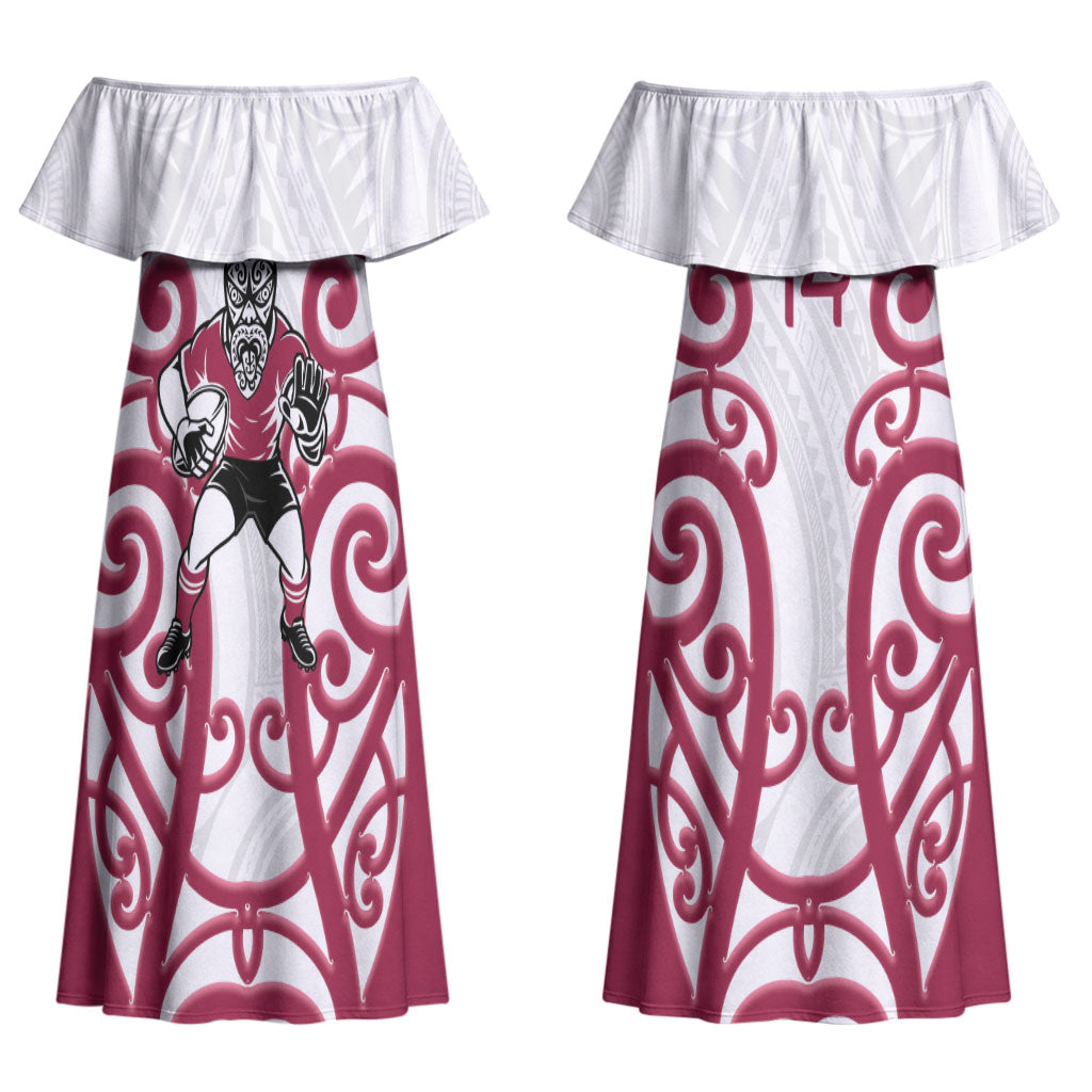 North Harbour Custom Rugby New Zealand Couples Matching Off Shoulder Maxi Dress and Long Sleeve Button Shirt Aotearoa Maori Pukana Tiki Mascot
