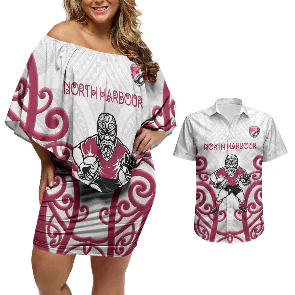 North Harbour Custom Rugby New Zealand Couples Matching Off Shoulder Short Dress and Hawaiian Shirt Aotearoa Maori Pukana Tiki Mascot
