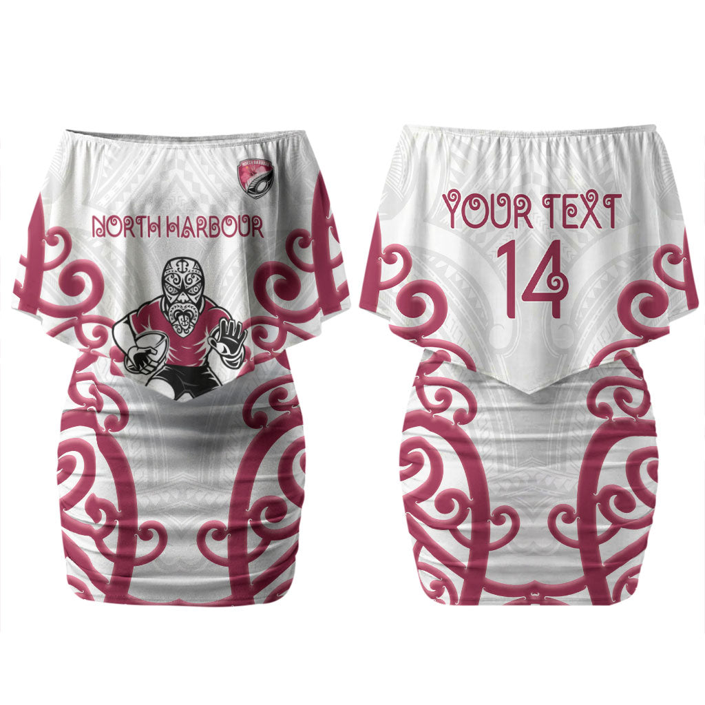North Harbour Custom Rugby New Zealand Couples Matching Off Shoulder Short Dress and Hawaiian Shirt Aotearoa Maori Pukana Tiki Mascot