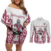 North Harbour Custom Rugby New Zealand Couples Matching Off Shoulder Short Dress and Long Sleeve Button Shirt Aotearoa Maori Pukana Tiki Mascot