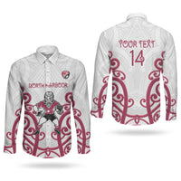 North Harbour Custom Rugby New Zealand Couples Matching Off Shoulder Short Dress and Long Sleeve Button Shirt Aotearoa Maori Pukana Tiki Mascot