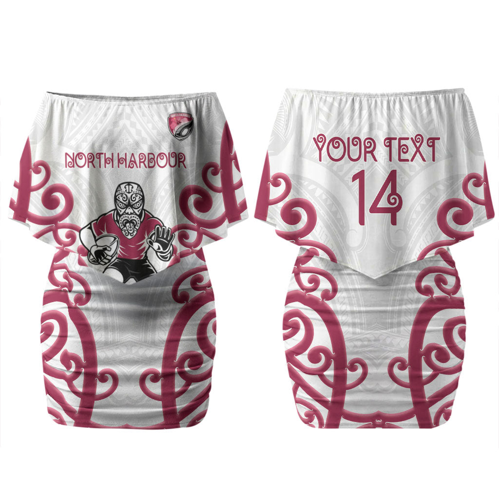 North Harbour Custom Rugby New Zealand Couples Matching Off Shoulder Short Dress and Long Sleeve Button Shirt Aotearoa Maori Pukana Tiki Mascot