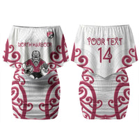 North Harbour Custom Rugby New Zealand Couples Matching Off Shoulder Short Dress and Long Sleeve Button Shirt Aotearoa Maori Pukana Tiki Mascot