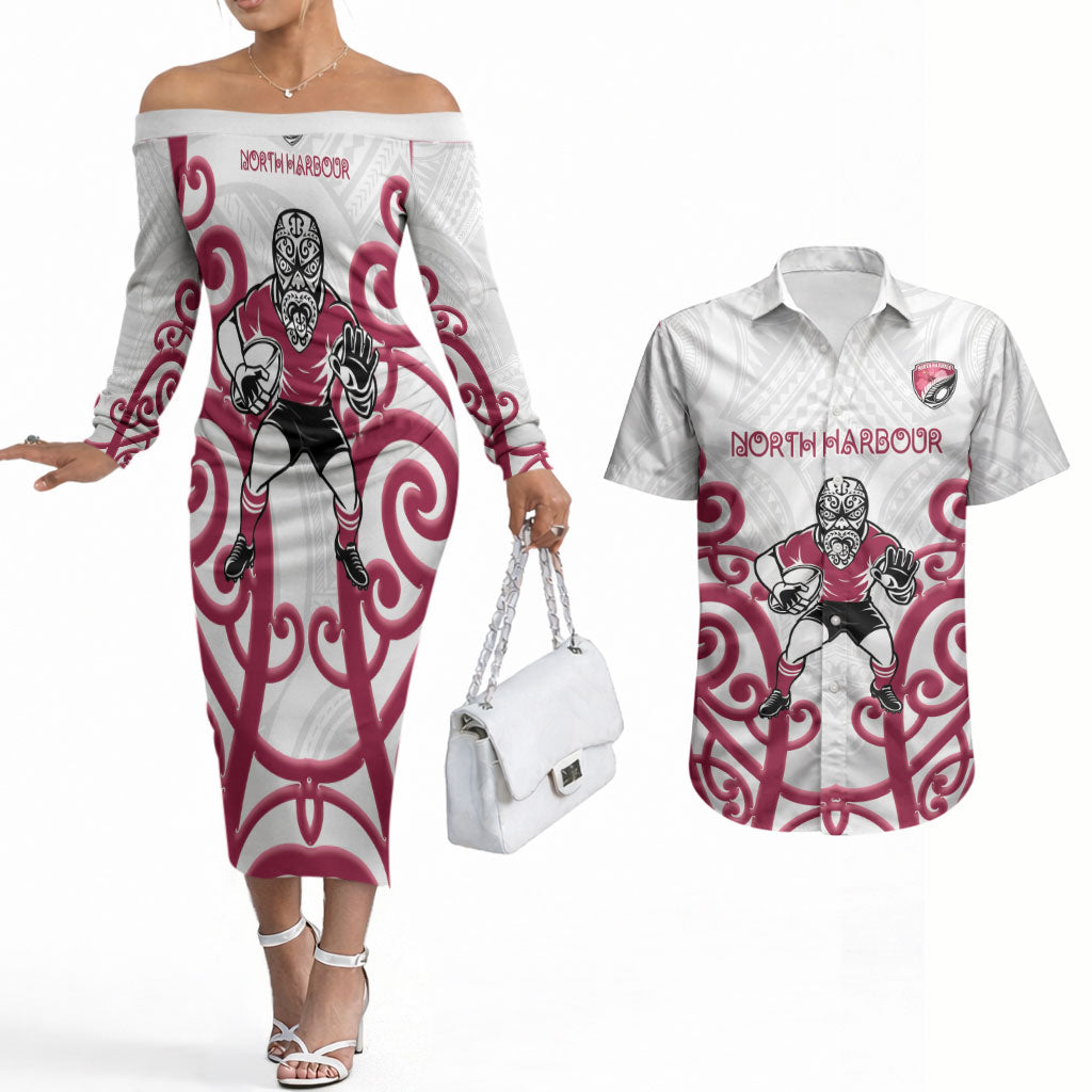 North Harbour Custom Rugby New Zealand Couples Matching Off The Shoulder Long Sleeve Dress and Hawaiian Shirt Aotearoa Maori Pukana Tiki Mascot