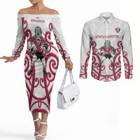 North Harbour Custom Rugby New Zealand Couples Matching Off The Shoulder Long Sleeve Dress and Long Sleeve Button Shirt Aotearoa Maori Pukana Tiki Mascot