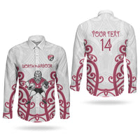 North Harbour Custom Rugby New Zealand Couples Matching Off The Shoulder Long Sleeve Dress and Long Sleeve Button Shirt Aotearoa Maori Pukana Tiki Mascot