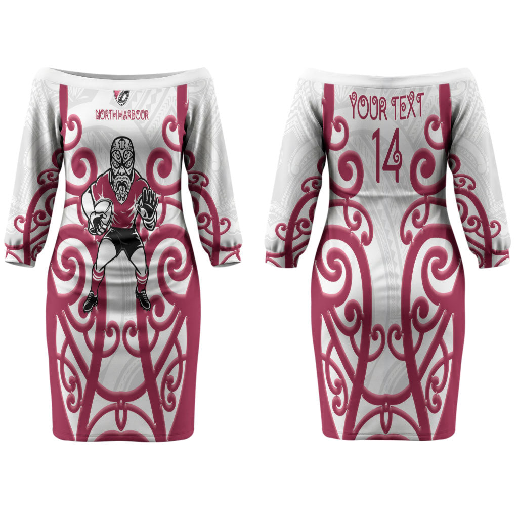 North Harbour Custom Rugby New Zealand Couples Matching Off The Shoulder Long Sleeve Dress and Long Sleeve Button Shirt Aotearoa Maori Pukana Tiki Mascot