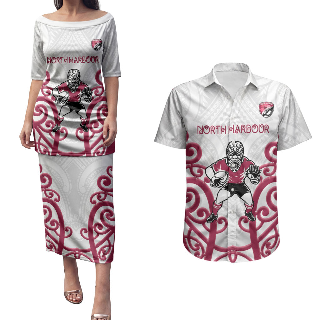 North Harbour Custom Rugby New Zealand Couples Matching Puletasi and Hawaiian Shirt Aotearoa Maori Pukana Tiki Mascot