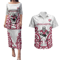 North Harbour Custom Rugby New Zealand Couples Matching Puletasi and Hawaiian Shirt Aotearoa Maori Pukana Tiki Mascot
