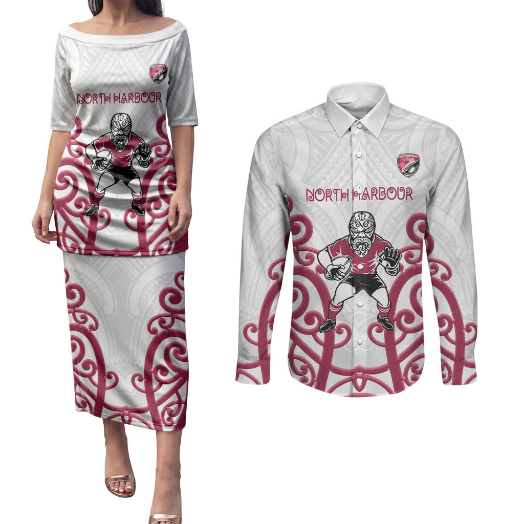 North Harbour Custom Rugby New Zealand Couples Matching Puletasi and Long Sleeve Button Shirt Aotearoa Maori Pukana Tiki Mascot