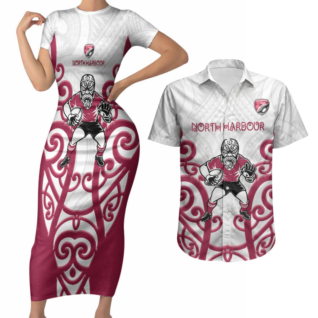 North Harbour Custom Rugby New Zealand Couples Matching Short Sleeve Bodycon Dress and Hawaiian Shirt Aotearoa Maori Pukana Tiki Mascot