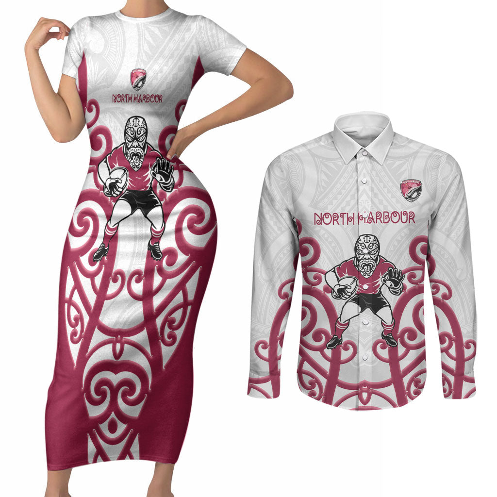 North Harbour Custom Rugby New Zealand Couples Matching Short Sleeve Bodycon Dress and Long Sleeve Button Shirt Aotearoa Maori Pukana Tiki Mascot