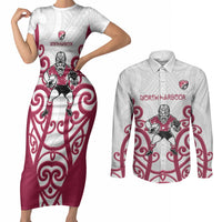 North Harbour Custom Rugby New Zealand Couples Matching Short Sleeve Bodycon Dress and Long Sleeve Button Shirt Aotearoa Maori Pukana Tiki Mascot